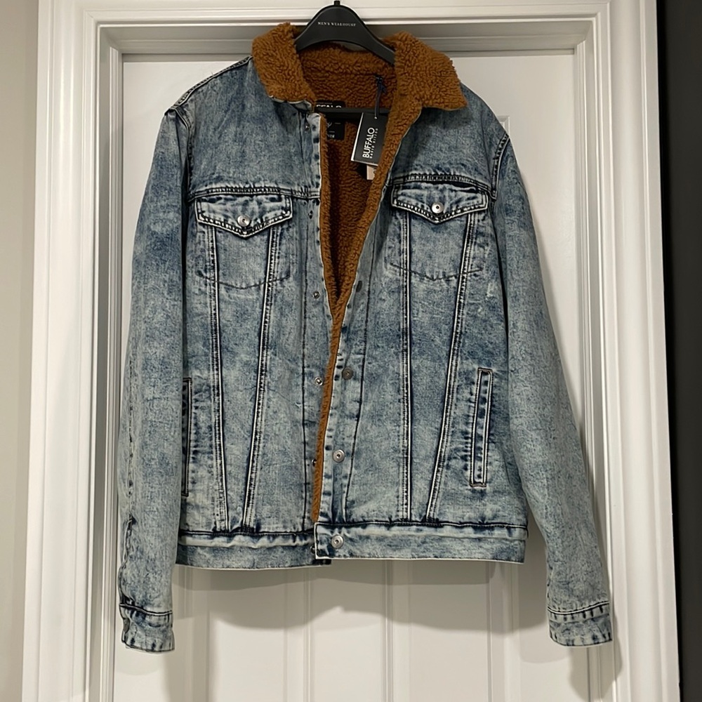 NEW Buffalo David Bitton Blue Mens Acid Wash Sherpa Denim Jacket - Large